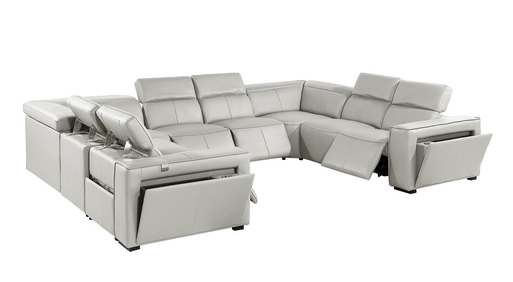 DivanItalia 1224 8-Piece U-Shaped Sectional Sofa in Top Grain Italian Leather with 4 Power Recliners & Power Headrests – No Console - Light Gray