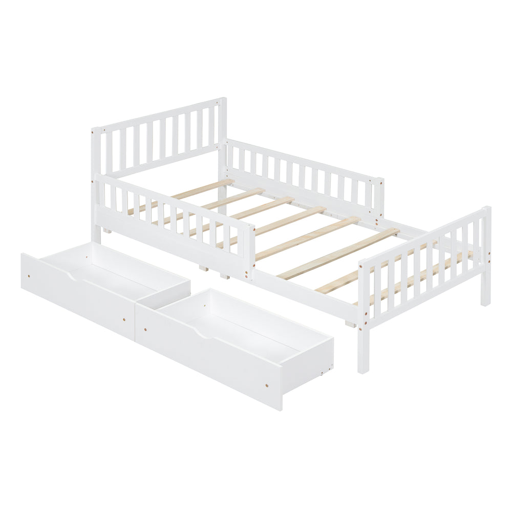 twin-size-wood-platform-bed-with-guardrails-and-two-storage-drawers-in-white