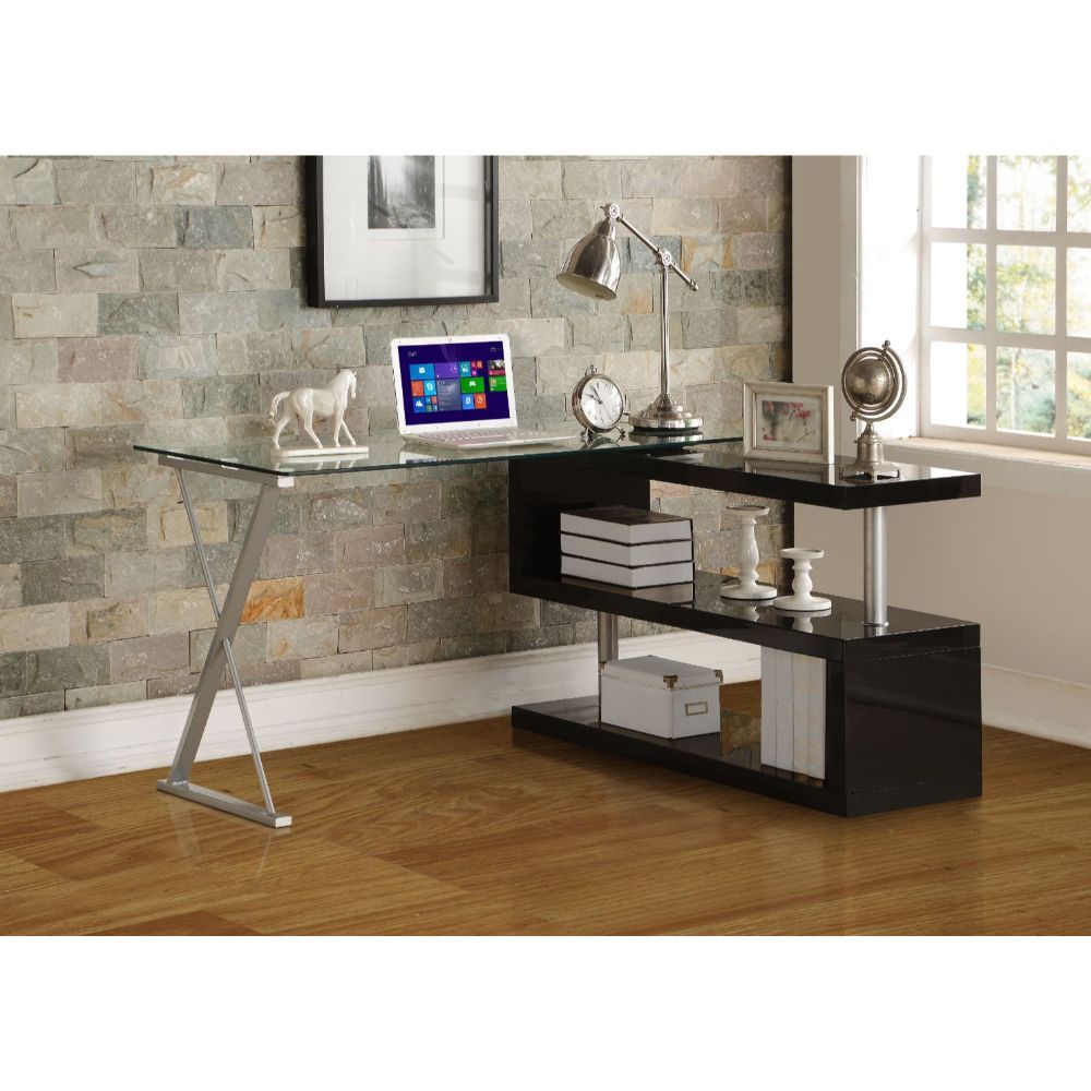 Buck - Writing Desk With Swivel - Clear Glass Top & Black High Gloss