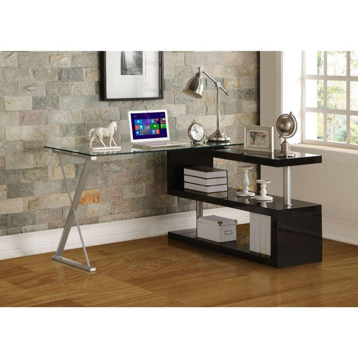 Buck - Writing Desk With Swivel - Clear Glass Top & Black High Gloss