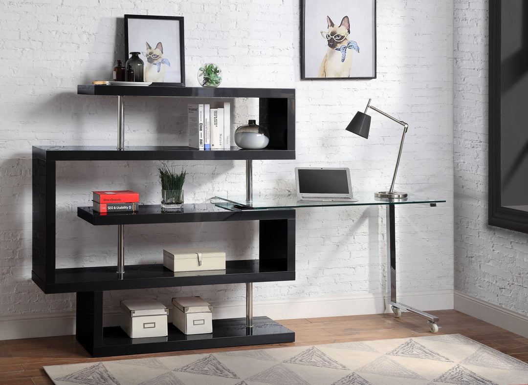 Buck II - Writing Desk With Bookshelf - Clear Glass, Chrome & Black High Gloss