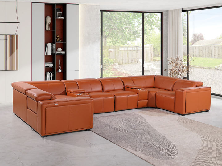 DivanItalia 1224 8-Piece U-Shaped Sectional Sofa in Top Grain Italian Leather with 4 Power Recliners &amp; Power Headrests – with Console - Camel