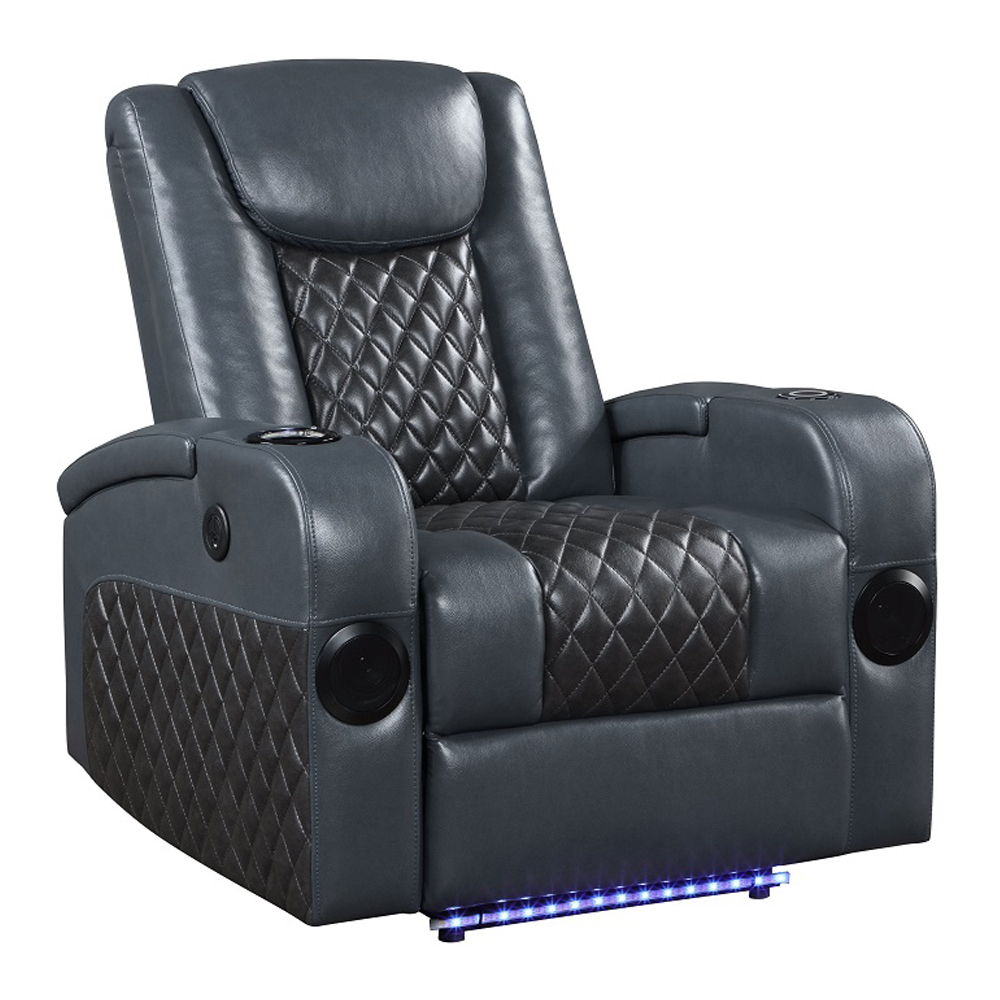 Alair - Power Motion Recliner With Bluetooth, Wireless Charger & Cupholder - Blue & Black Leather Aire