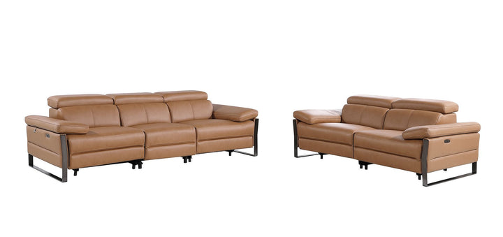 DivanItalia 1246 Modular Power Dual Reclining Sofa and Loveseat Set with Power Headrests – Top Grain Italian Leather - Cognac