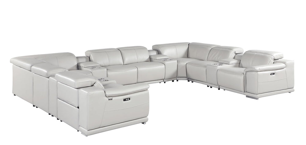 DivanItalia 9762 12-Piece U Shaped Top Grain Italian Leather Sectional Sofa with 4 Power Recliners - Light Gray