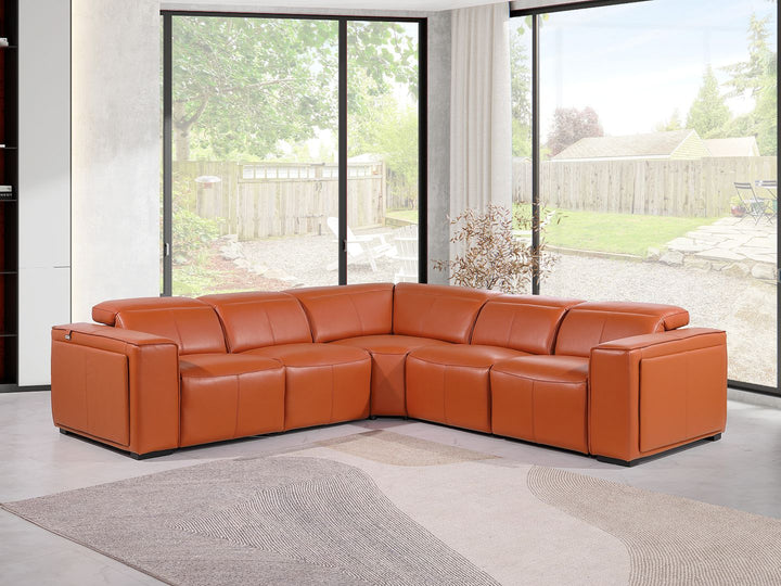 DivanItalia 1224 5-Piece L-Shaped Sectional Sofa in Top Grain Italian Leather with 3 Power Recliners &amp; Power Headrests - Camel