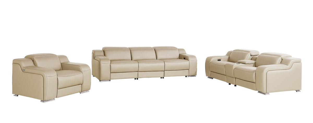 DivanItalia 1116 7-Piece Modular Power Reclining Sofa, Loveseat & Chair Set in Top Grain Italian Leather with 5 Power Recliners & Power Headrests - Beige