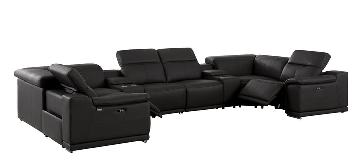 DivanItalia 9762 8-Piece U Shaped Top Grain Italian Leather Sectional Sofa with 2 Power Recliners - Black