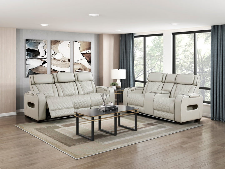 Fairway Power Double Reclining Loveseat with Console, LED Lighting &amp; USB Charging – Taupe Power Reclining Sofa modern furniture Contempo Furniture