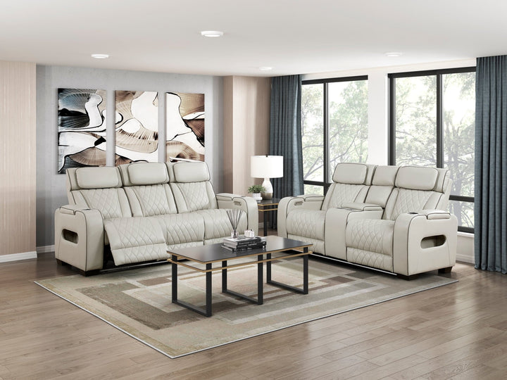 Fairway Power Double Reclining Loveseat with Console, LED Lighting &amp; USB Charging – Taupe Power Reclining Sofa modern furniture Contempo Furniture
