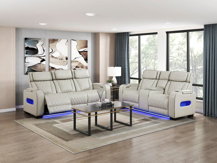 Fairway Power Double Reclining Loveseat with Console, LED Lighting &amp; USB Charging – Taupe Power Reclining Sofa modern furniture Contempo Furniture