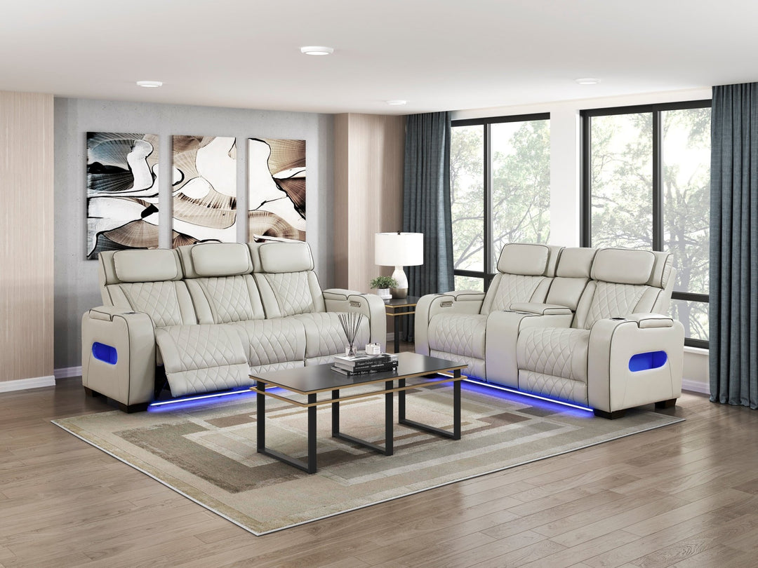 Fairway Power Double Reclining Loveseat with Console, LED Lighting & USB Charging – Taupe Power Reclining Sofa modern furniture Contempo Furniture