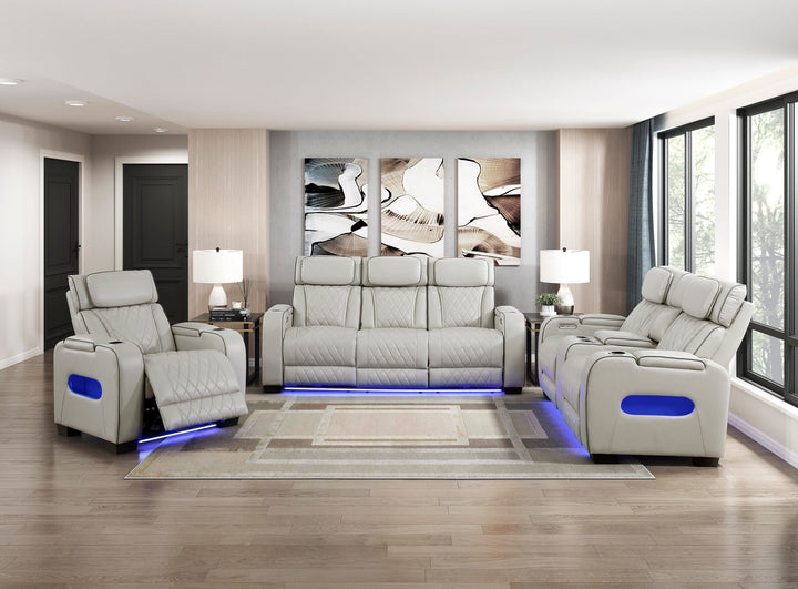 Fairway Power Double Reclining Loveseat with Console, LED Lighting &amp; USB Charging – Taupe Power Reclining Sofa modern furniture Contempo Furniture