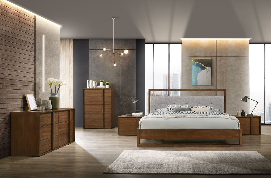 Queen Nova Domus Falcor  Modern Grey Fabric & Walnut Veneer Bed