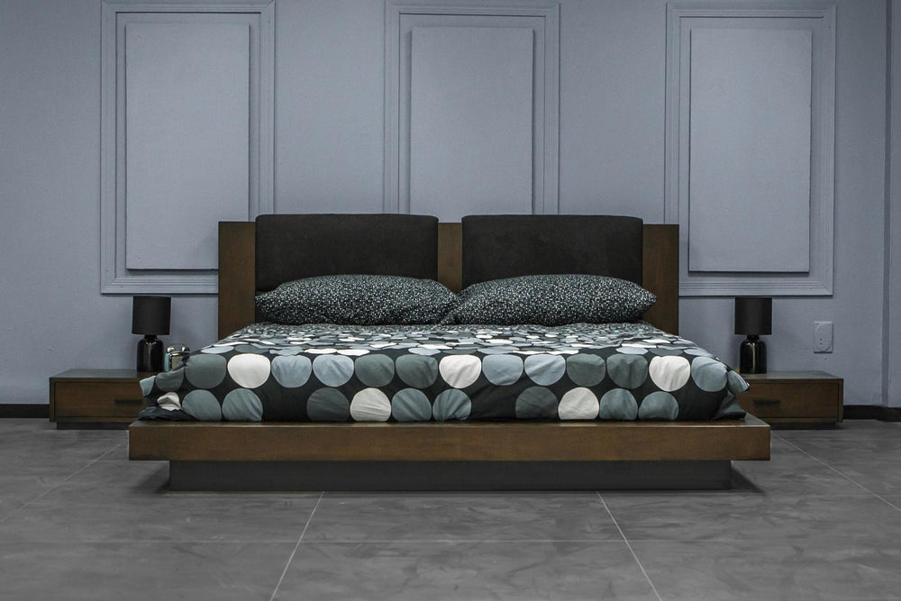 Fantasia - Queen Walnut/Dark Grey Bed and Two Nightstands