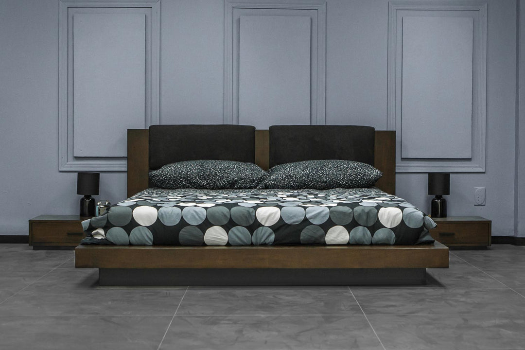 Fantasia - Queen Walnut/Dark Grey Bed and Two Nightstands