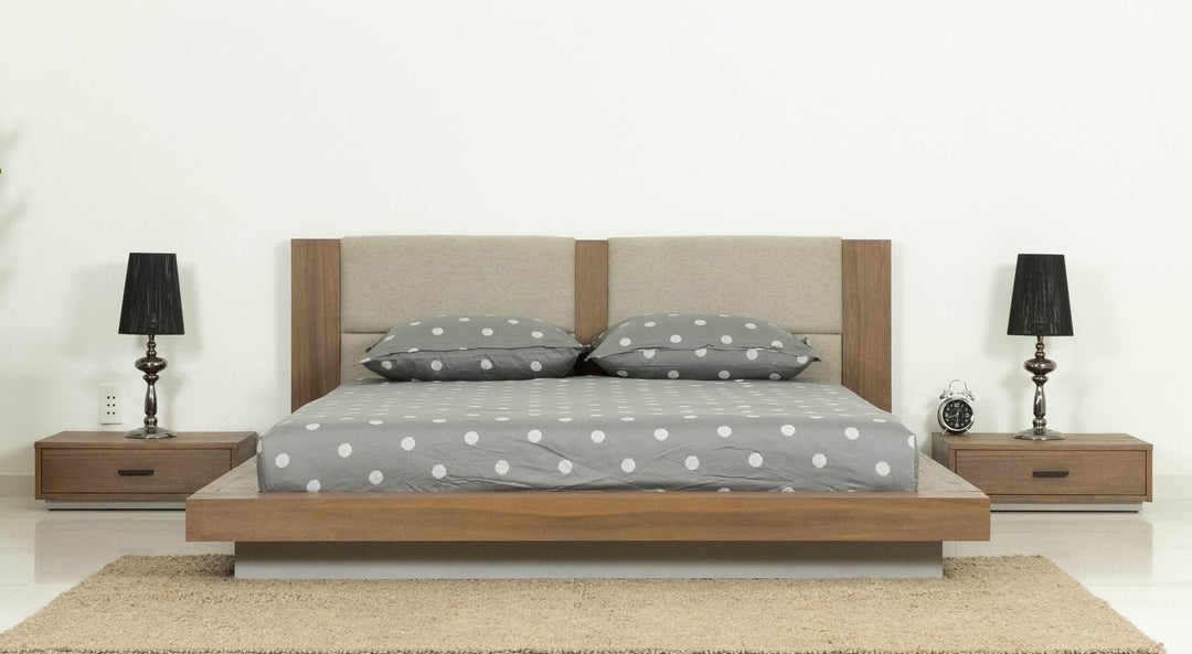 Eastern King Fantasia - Contemporary Walnut & Grey Bed with Two Nightstands