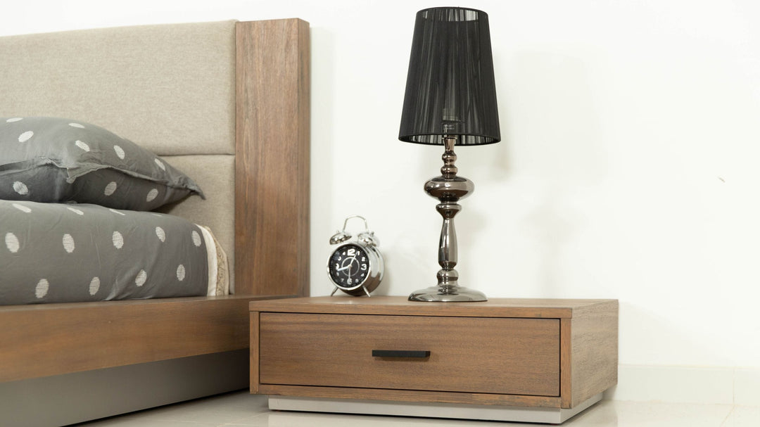 Eastern King Fantasia - Contemporary Walnut & Grey Bed with Two Nightstands