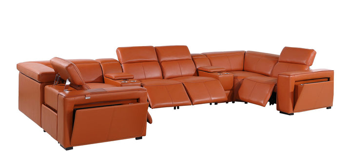 DivanItalia 1224 8-Piece U-Shaped Sectional Sofa in Top Grain Italian Leather with 4 Power Recliners &amp; Power Headrests – with Console - Camel