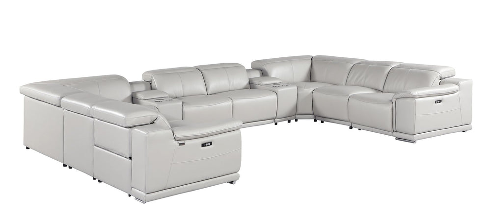DivanItalia 9762 10-Piece U Shaped Top Grain Italian Leather Sectional Sofa with 4 Power Recliners - Light Gray