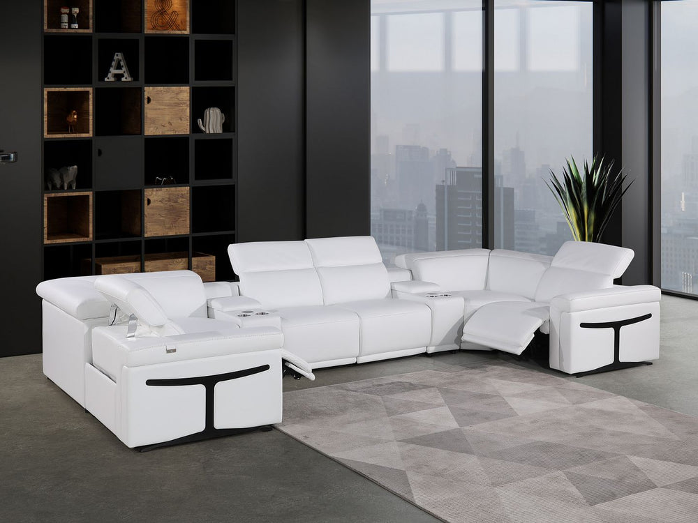DivanItalia 1126 8-Piece U-Shaped Sectional Sofa in Top Grain Italian Leather with 2 Power Recliners & Power Headrests - White