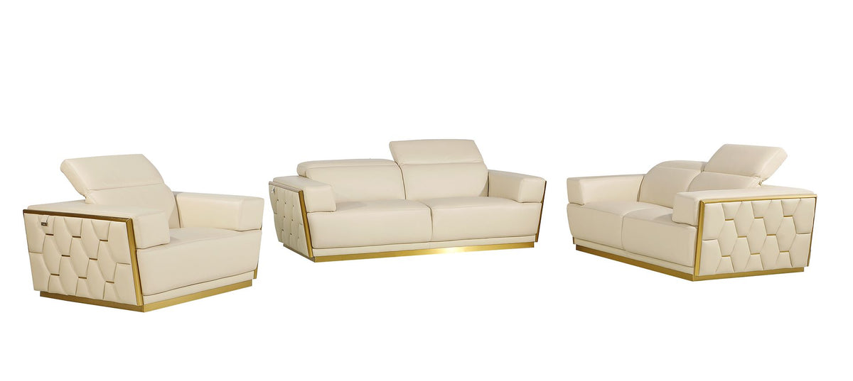 DivanItalia 1111 3-Piece Sofa Set with Adjustable Headrest in Top-Grain Italian Leather - Cream