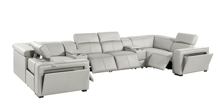 DivanItalia 1224 8-Piece U-Shaped Sectional Sofa in Top Grain Italian Leather with 4 Power Recliners &amp; Power Headrests – with Console - Light Gray