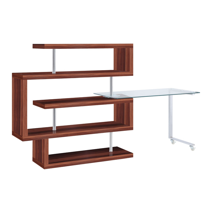 Buck II - Writing Desk With Bookshelf - Clear Glass, Chrome & Walnut High Gloss