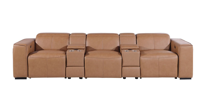 DivanItalia 1224 5-Piece Modular Power Reclining Sofa in Top Grain Italian Leather with 3 Power Recliners &amp; Power Headrests - Cognac