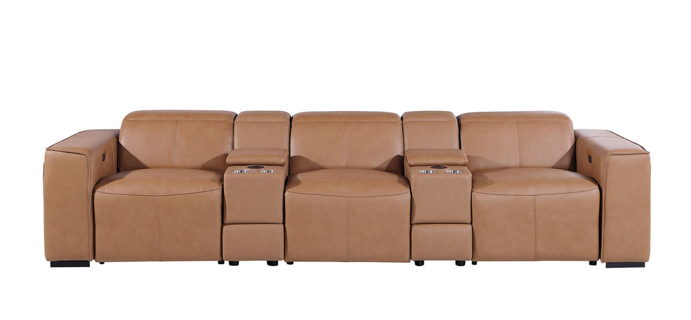 DivanItalia 1224 5-Piece Modular Power Reclining Sofa in Top Grain Italian Leather with 3 Power Recliners & Power Headrests - Cognac
