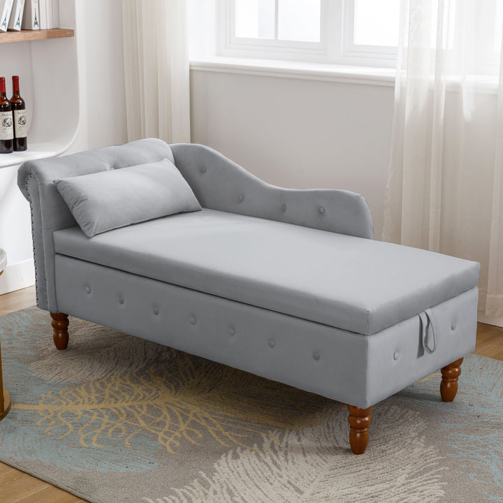 Grey Velvet Lounge Chaise  with Storage &amp; Pillow, Modern Upholstered Rolled Arm