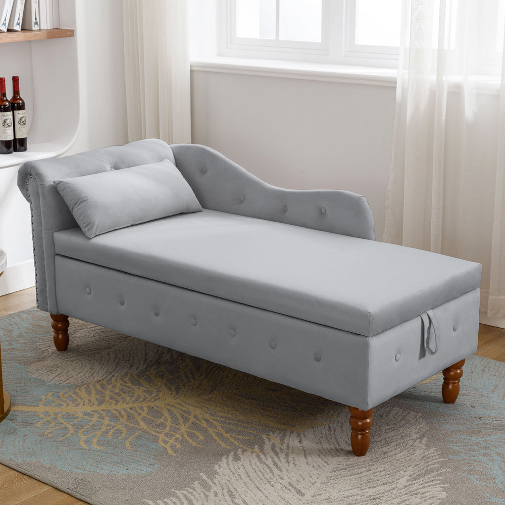 Grey Velvet Lounge Chaise  with Storage & Pillow, Modern Upholstered Rolled Arm