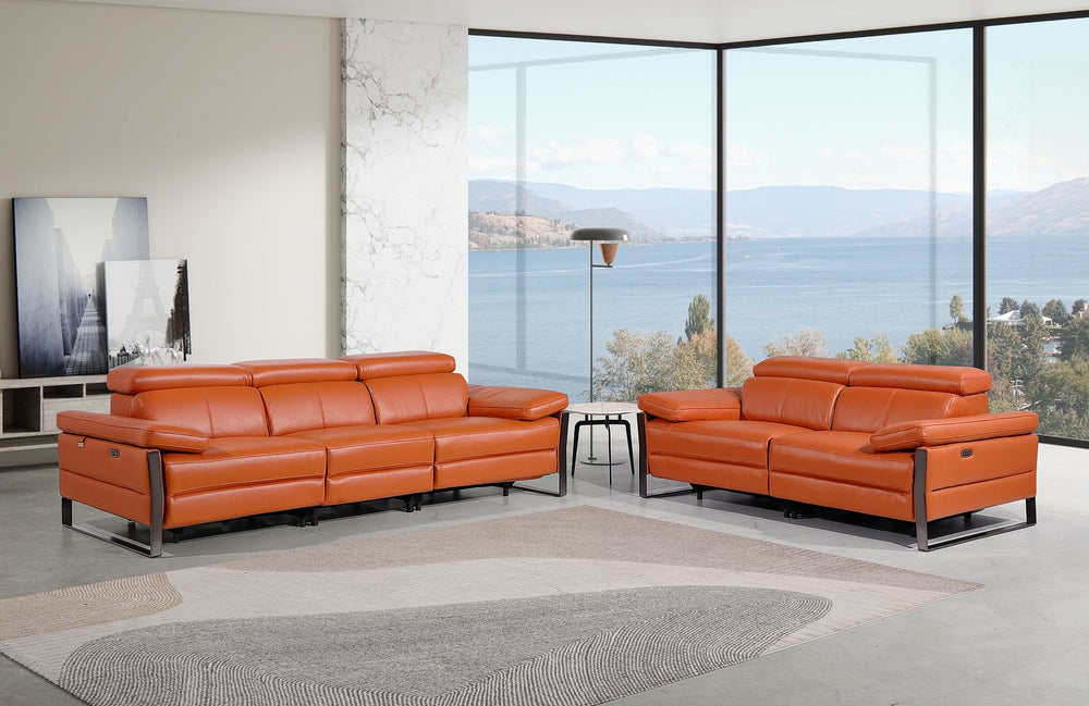 DivanItalia 1246 Modular Power Dual Reclining Sofa and Loveseat Set with Power Headrests – Top Grain Italian Leather - Camel