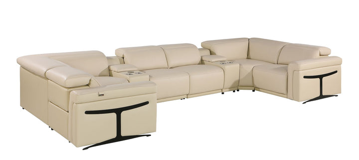 DivanItalia 1126 8-Piece U-Shaped Sectional Sofa in Top Grain Italian Leather with 4 Power Recliners &amp; Power Headrests – with Console - Beige