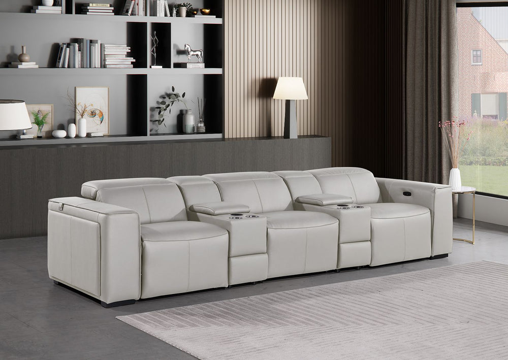 DivanItalia 1224 5-Piece Modular Power Reclining Sofa in Top Grain Italian Leather with 3 Power Recliners & Power Headrests - Light Gray
