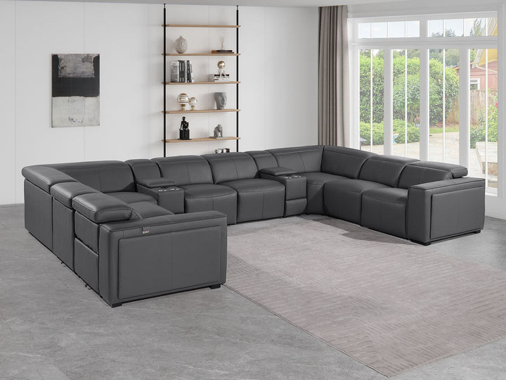 DivanItalia 1224 10-Piece U-Shaped Sectional Sofa in Top Grain Italian Leather with 4 Power Recliners &amp; Power Headrests - Dark Gray