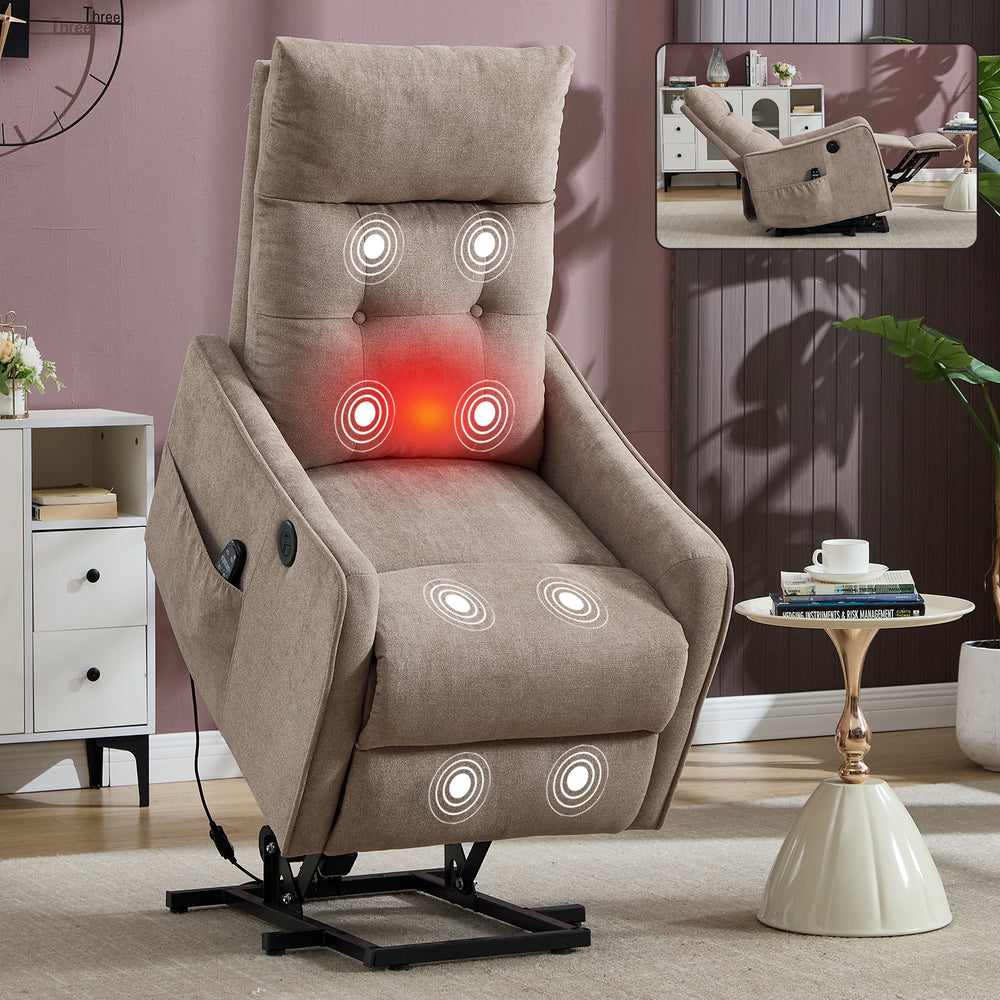 Khaki Power Lift Recliner Chair with Heat, Massage, USB Charging & Swivel for Elderly
