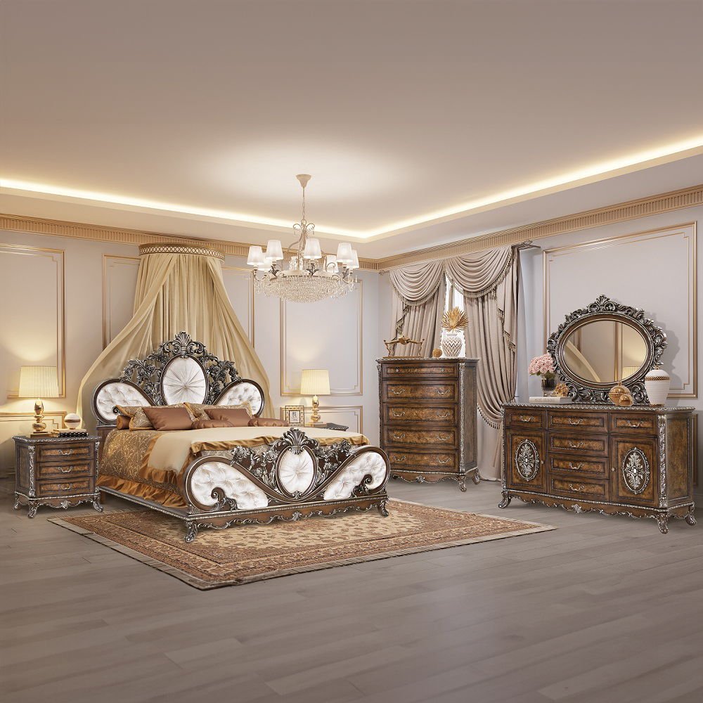 Devany - Eastern King Bed - Cream Fabric & Cherry