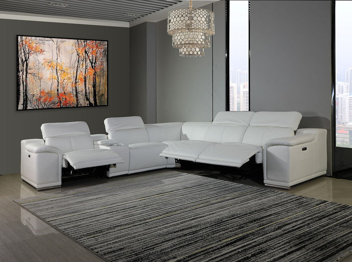 DivanItalia 9762 6-Piece L Shaped Top Grain Italian Leather Sectional Sofa with 3 Power Recliners - White