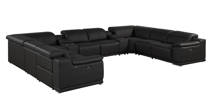 DivanItalia 9762 10-Piece U Shaped Top Grain Italian Leather Sectional Sofa with 4 Power Recliners - Black