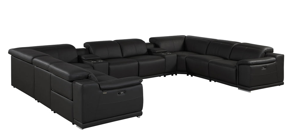 DivanItalia 9762 10-Piece U Shaped Top Grain Italian Leather Sectional Sofa with 4 Power Recliners - Black