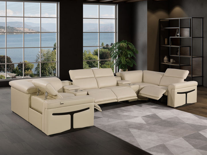 DivanItalia 1126 8-Piece U-Shaped Sectional Sofa in Top Grain Italian Leather with 4 Power Recliners &amp; Power Headrests – with Console - Beige