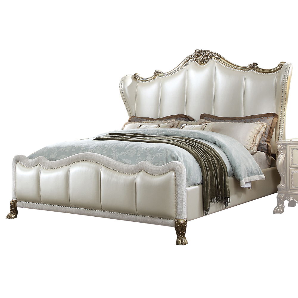Dresden II - California King Bed - Pearl White Synthetic Leather & Gold Patina
