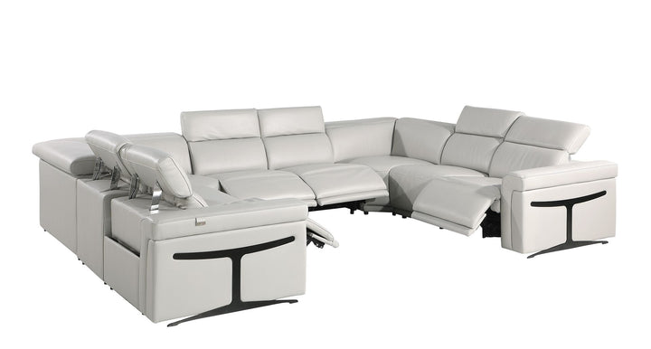 DivanItalia 1126 8-Piece U-Shaped Sectional Sofa in Top Grain Italian Leather with 4 Power Recliners &amp; Power Headrests – No Console - Light Gray
