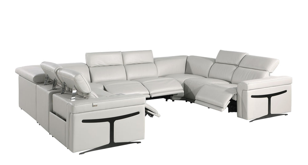 DivanItalia 1126 8-Piece U-Shaped Sectional Sofa in Top Grain Italian Leather with 4 Power Recliners & Power Headrests – No Console - Light Gray