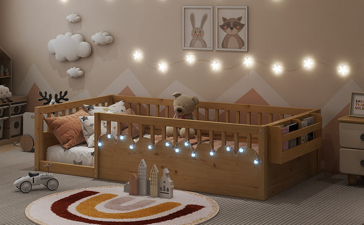 twin-montessori-floor-bed-frame-with-high-rails-and-storage-shelf-natural