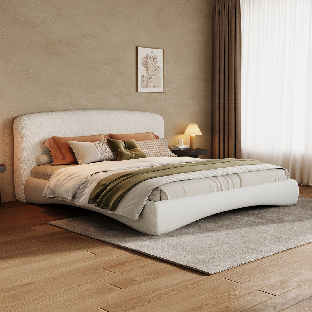 Curved Boucle Queen Bed with Ambient Lighting – Cream
