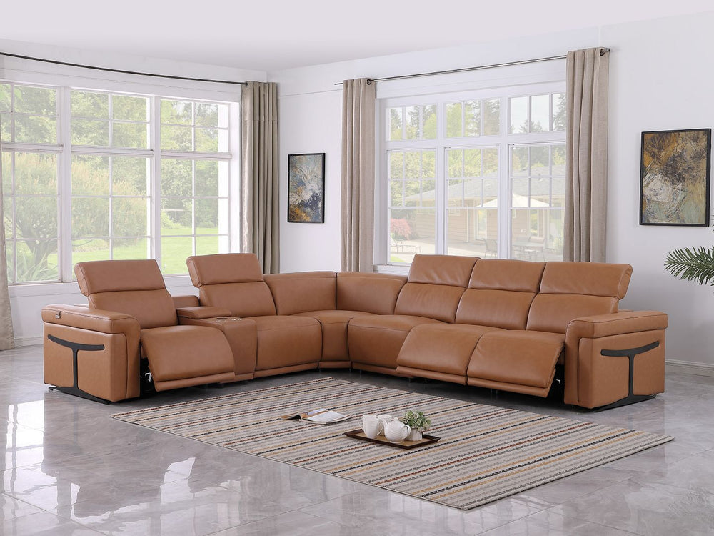 DivanItalia 1126 7-Piece L-Shaped Sectional Sofa in Top Grain Italian Leather with 3 Power Recliners & Power Headrests - Cognac