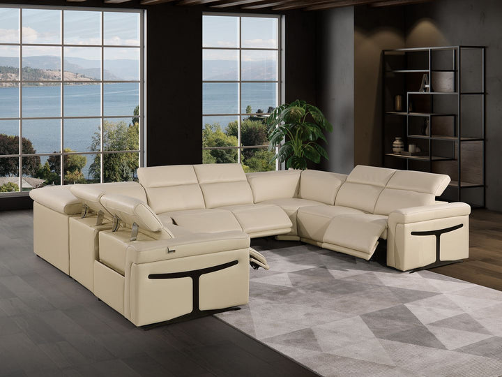 DivanItalia 1126 8-Piece U-Shaped Sectional Sofa in Top Grain Italian Leather with 4 Power Recliners &amp; Power Headrests – No Console - Beige