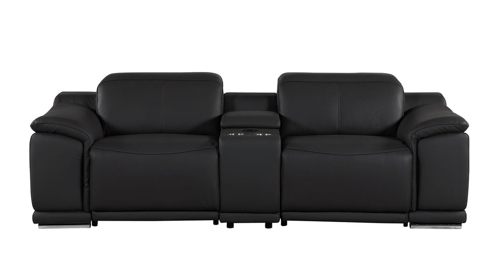 DivanItalia 9762 3-Piece Modular Power Reclining Console Loveseat with 2 Power Recliners in Top Grain Italian Leather - Black